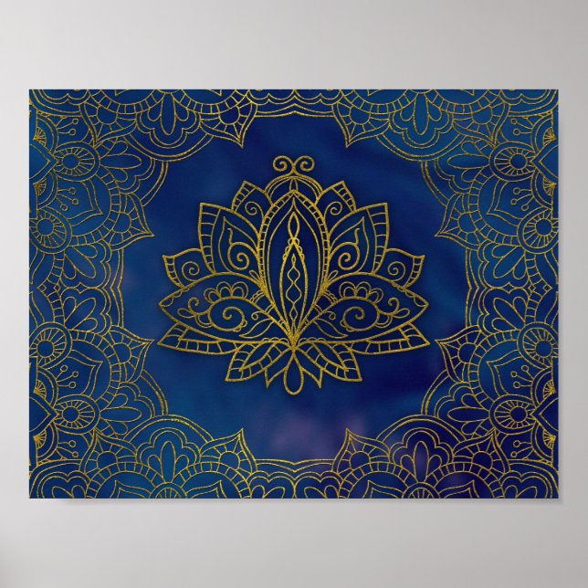 Elegant  Gold Lotus flower on blue Poster (Front)