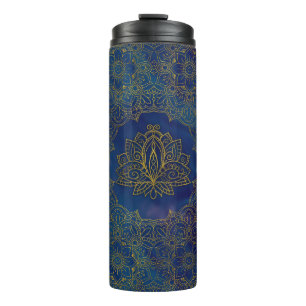 Elegant  Gold Lotus flower on blue Thermal Tumbler