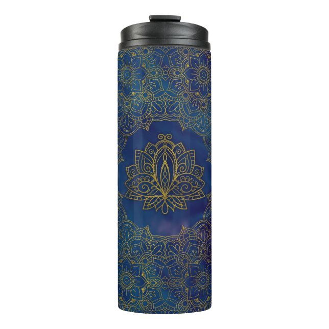 Elegant  Gold Lotus flower on blue Thermal Tumbler (Front)