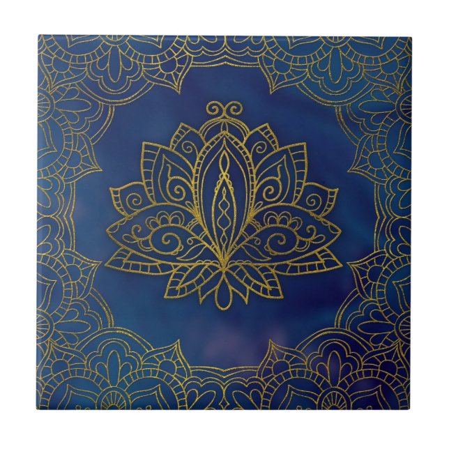 Elegant  Gold Lotus flower on blue Tile (Front)