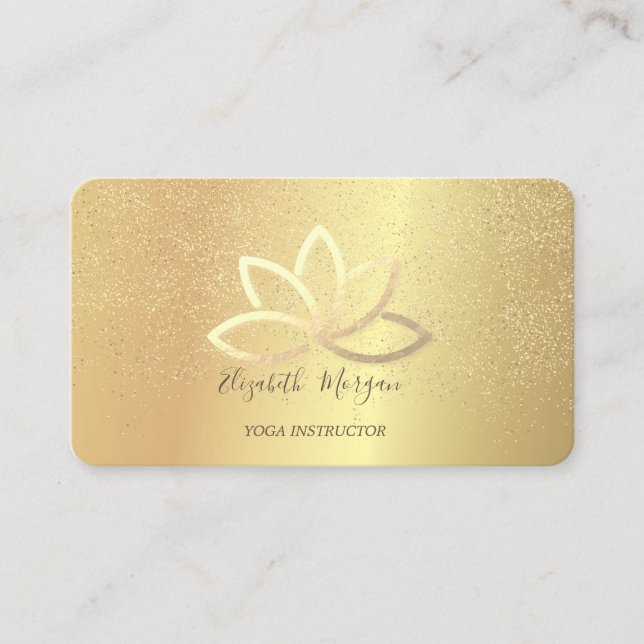 Elegant Gold Lotus Gold Confetti Yoga Instructor Business Card (Front)