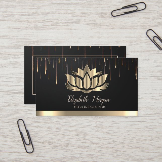 Elegant Gold Lotus Gold Stripe Drips Yoga  Business Card (Front/Back In Situ)