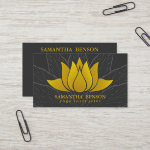 Elegant Gold Lotus Logo Elegant Black Floral Yoga  Business Card
