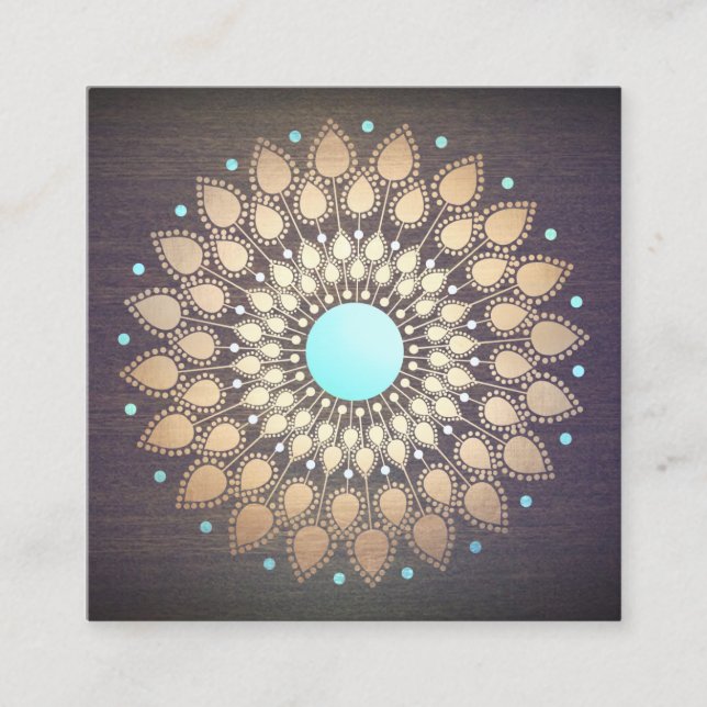 Elegant Gold  Lotus Mandala Wood Yoga Instructor Square Business Card (Front)