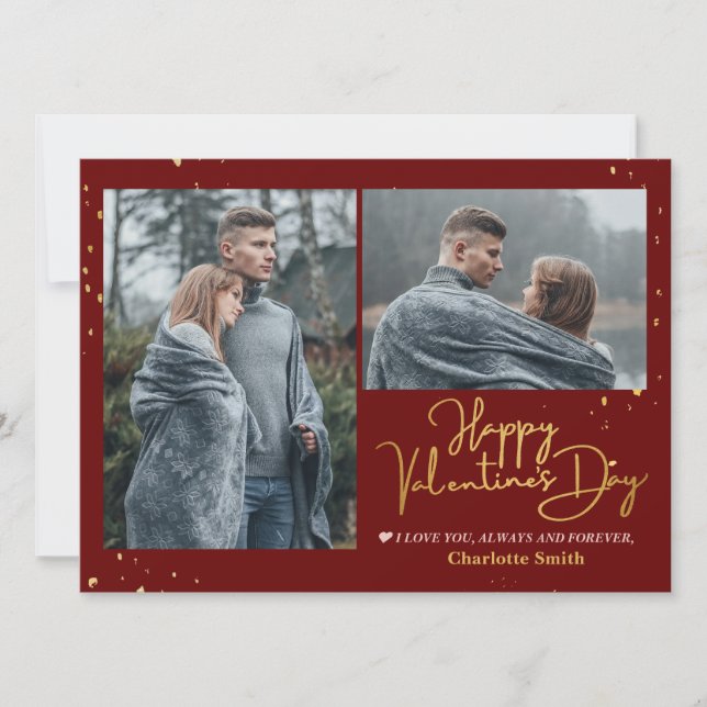 Elegant Gold Love valentine's day couple photo Holiday Card (Front)