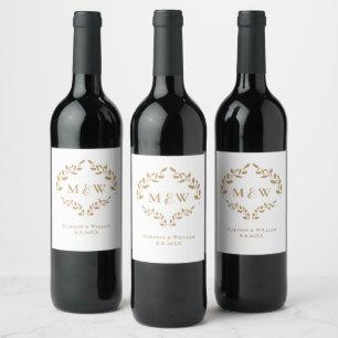 Elegant Gold Luxe Wreath Monogram Wedding Wine Label