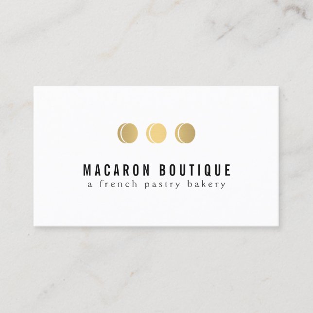 Elegant Gold Macaron Trio Logo on White Business Card (Front)