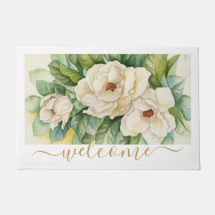 Elegant Gold Magnolia Floral Welcome Script Doormat