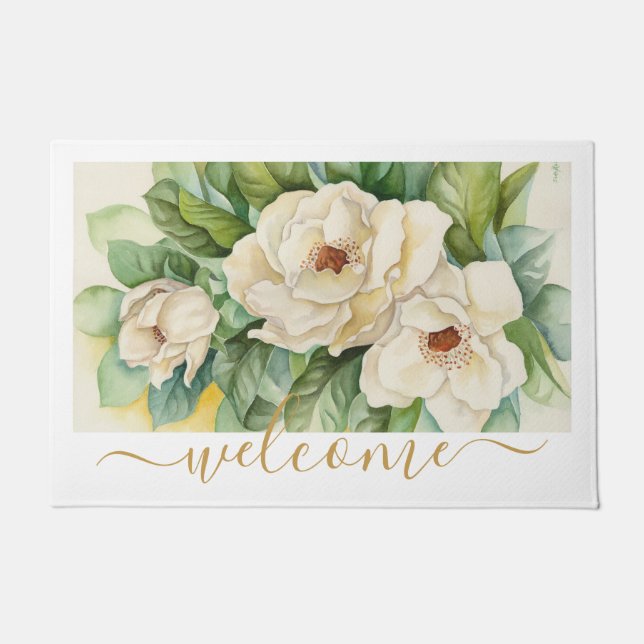 Elegant Gold Magnolia Floral Welcome Script Doormat (Front)