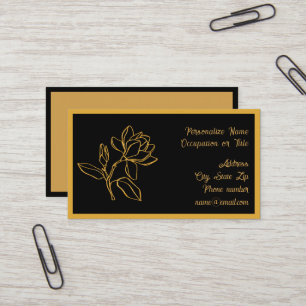 Elegant Gold Magnolia Flower Black BG Chic Business Card