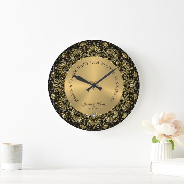 Elegant Gold Mandala 50th Gold Wedding Anniversary Large Clock (Home)