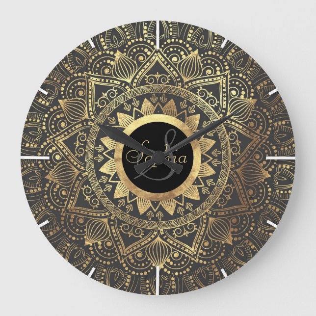 Elegant gold mandala artwork large clock (Front)