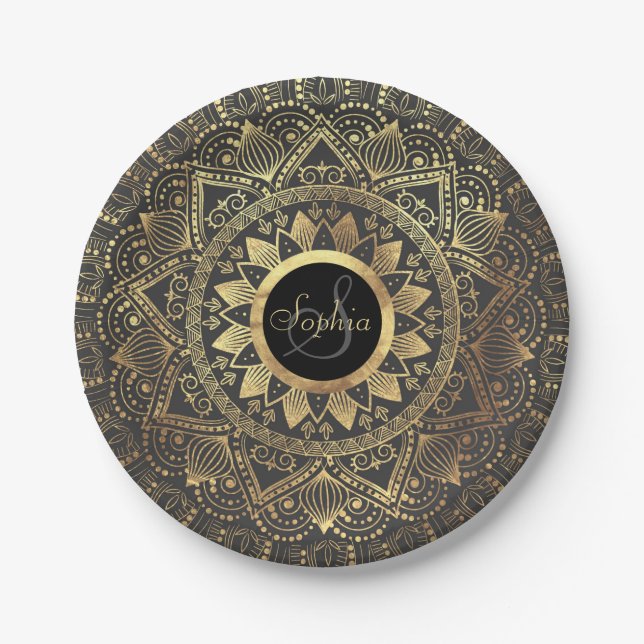 Elegant gold mandala artwork paper plate (Front)