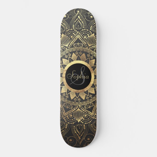 Elegant gold mandala artwork skateboard (Front)