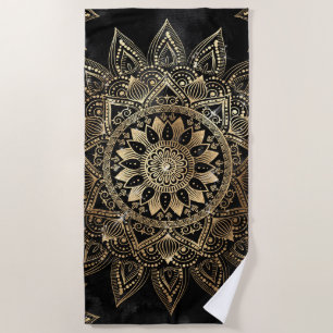 Elegant Gold Mandala Black Design Beach Towel
