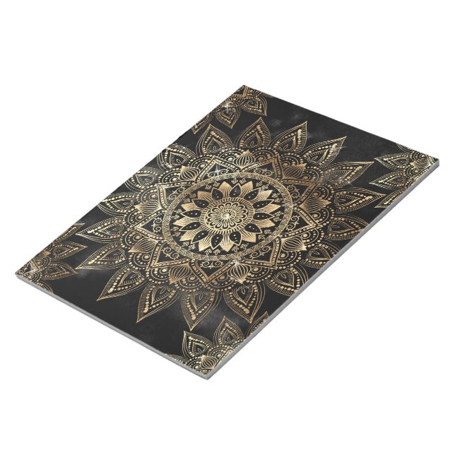 Elegant Gold Mandala Black Design Notepad (Angled)