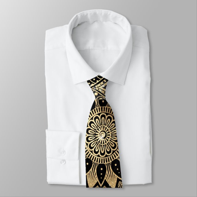 Elegant Gold Mandala Black Design Tie (Tied)