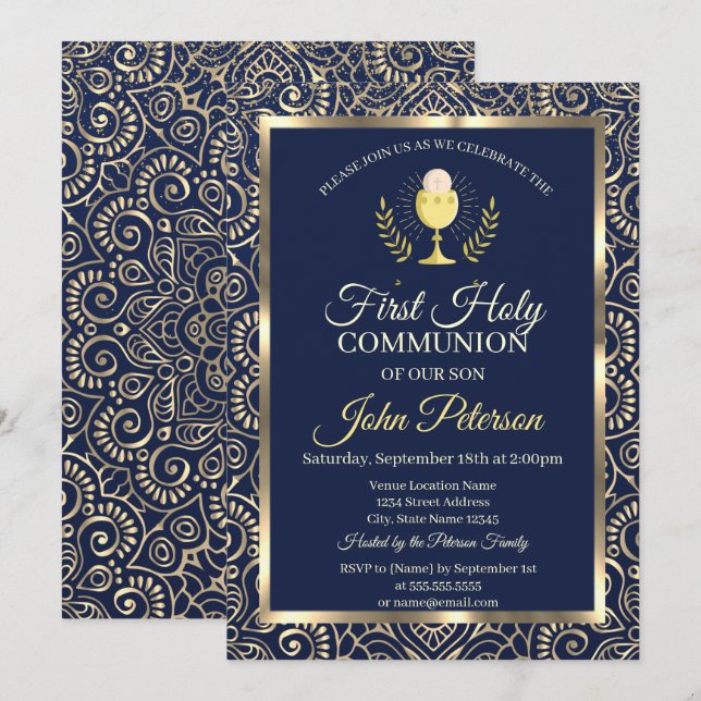 Elegant Gold Mandala Blue First Holy Communion Invitation (Front/Back)