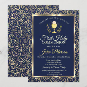Elegant Gold Mandala Blue First Holy Communion Invitation