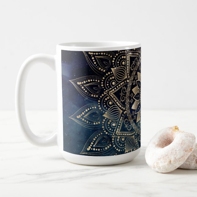 Elegant Gold Mandala Blue Galaxy Coffee Mug (With Donut)