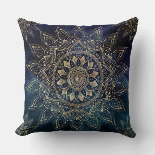 Elegant Gold Mandala Blue Galaxy Design Cushion