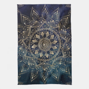 Elegant Gold Mandala Blue Galaxy Design Tea Towel