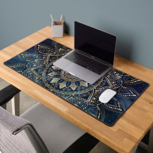 Elegant Gold Mandala Blue Galaxy Desk Mat