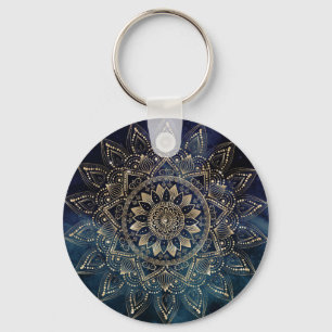 Elegant Gold Mandala Blue Galaxy Key Ring