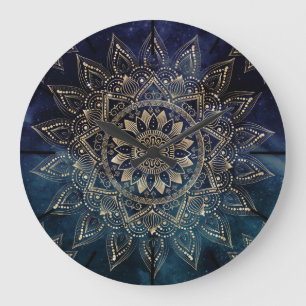 Elegant Gold Mandala Blue Galaxy Large Clock