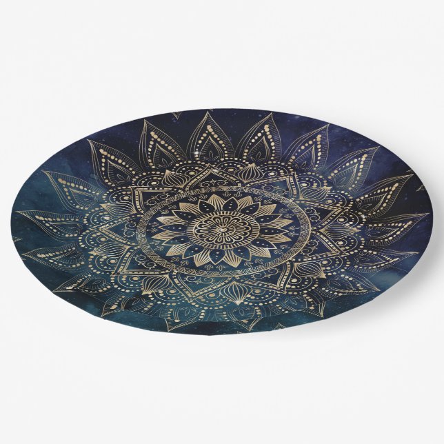 Elegant Gold Mandala Blue Galaxy Paper Plate (Angled)