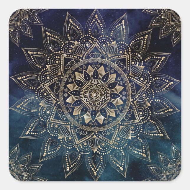 Elegant Gold Mandala Blue Galaxy Square Sticker (Front)
