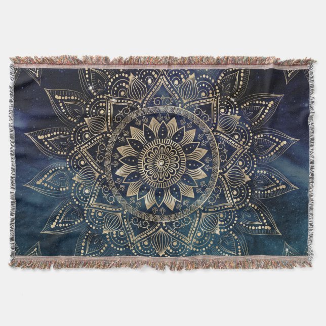 Elegant Gold Mandala Blue Galaxy Throw Blanket (Front)