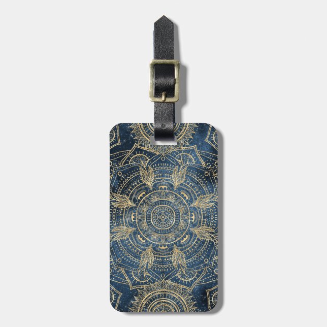Elegant Gold Mandala Blue Whimsy Design Luggage Tag (Front Vertical)