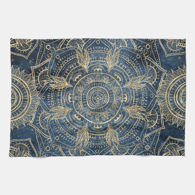 Elegant Gold Mandala Blue Whimsy Design Tea Towel (Horizontal)