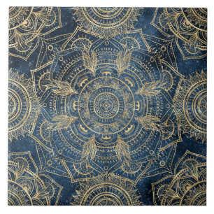 Elegant Gold Mandala Blue Whimsy Design Tile