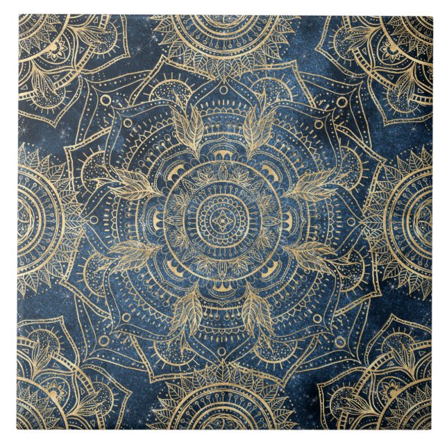 Elegant Gold Mandala Blue Whimsy Design Tile (Front)