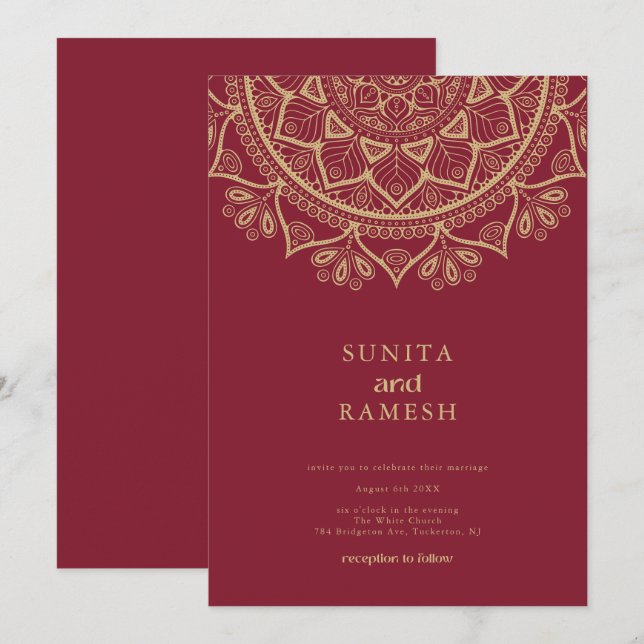 Elegant Gold Mandala Dark Red Indian Wedding Invitation (Front/Back)