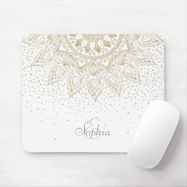 Elegant Gold Mandala Dots Design Mouse Mat (With Mouse)
