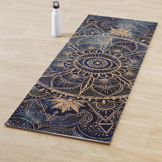 Elegant Gold Mandala Eye Sun Moon Navy Blue Yoga Mat (In Situ)