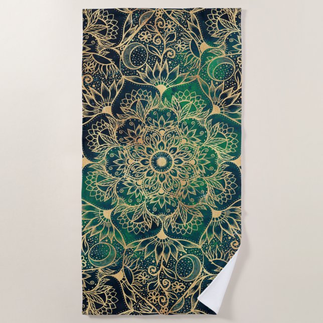 Elegant Gold Mandala Floral Green Blue Beach Towel (Front)