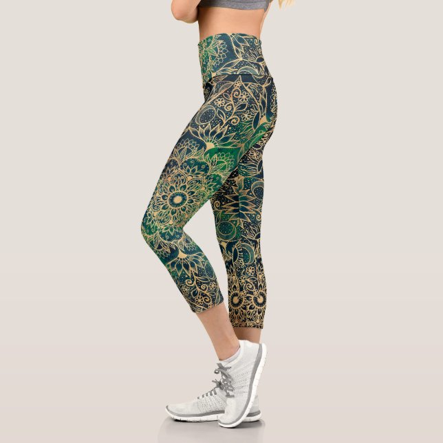 Elegant Gold Mandala Floral Green Blue Capri Leggings (Left)