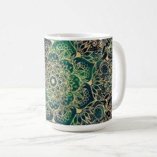 Elegant Gold Mandala Floral Green Blue Coffee Mug