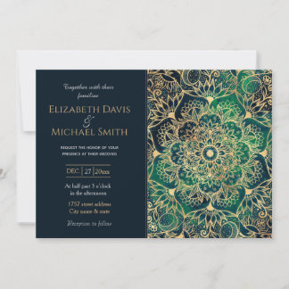 Elegant Gold Mandala Floral Green Blue Invitation