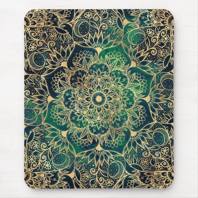 Elegant Gold Mandala Floral Green Blue Mouse Mat (Front)