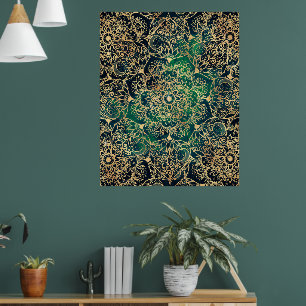 Elegant Gold Mandala Floral Green Blue Poster