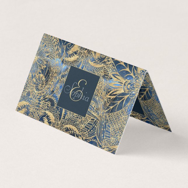 Elegant Gold Mandala Flowers Blue Nebula Business Card (Front)