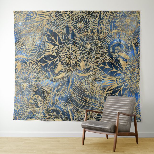 Elegant Gold Mandala Flowers Blue Nebula Tapestry (In Situ (Horizontal))