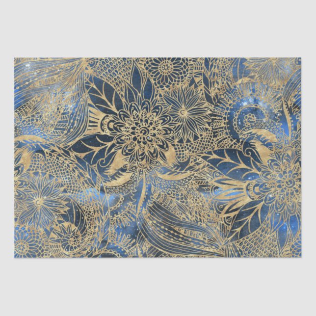 Elegant Gold Mandala Flowers Blue Nebula Tissue Paper (Front)