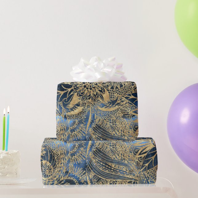 Elegant Gold Mandala Flowers Blue Nebula Wrapping Paper (Party Gifts)