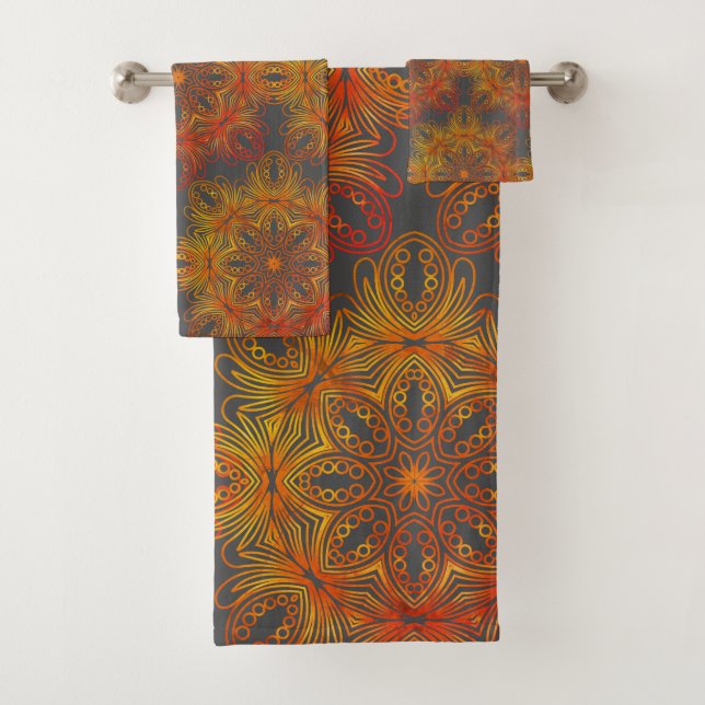 Elegant Gold Mandala Grey Bath Towel Set (Insitu)